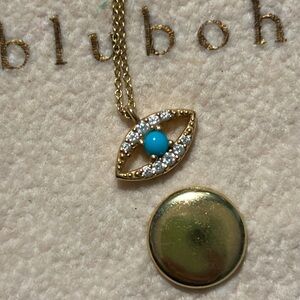 RARE DISCONTINUED 14k yellow gold bluboho turquoise diamond evil eye necklace